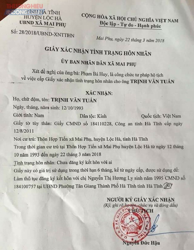 ( Mai Phụ-Lộc Hà -Hà Tĩnh): Xin giấy chứng nhận tình trạng độc thân phải đóng 100.000 đồng?