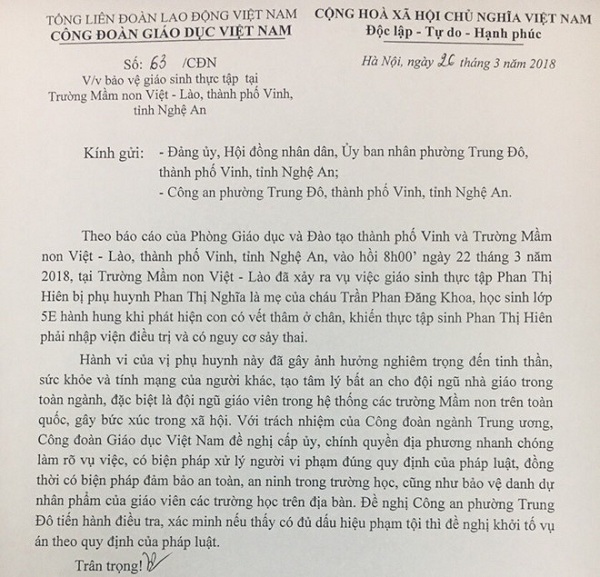 ​Nghệ An: Khởi tố phụ huynh học sinh hành hung giáo viên Trường mầm non Việt – Lào - Hình 2