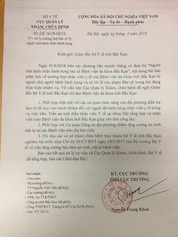 Bộ Y tế đề nghị truy cứu trách nhiệm đối với người đã hành hung bác sĩ và điều dưỡng