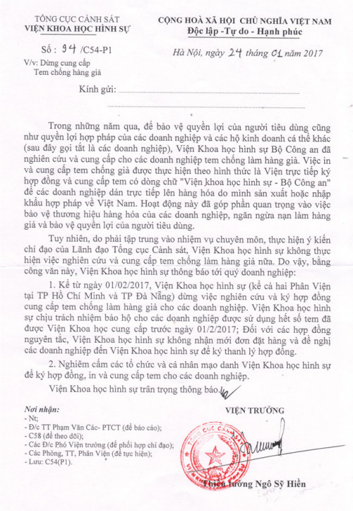 Nghiêm cấm việc mạo danh Viện Khoa học hình sự để cung cấp tem cho các doanh nghiệp