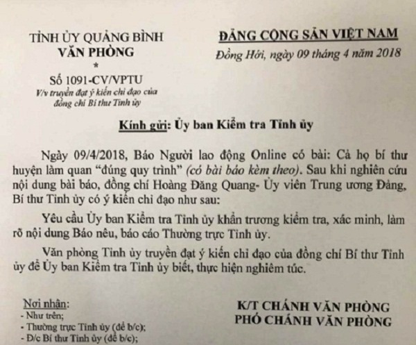 Bí thư tỉnh Quảng Bình yêu cầu làm rõ thông tin 