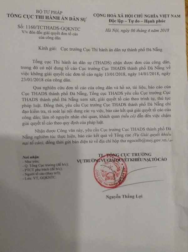 Đà Nẵng: Tổng Cục thi hành án dân sự yêu cầu làm rõ đơn tố cáo của công dân