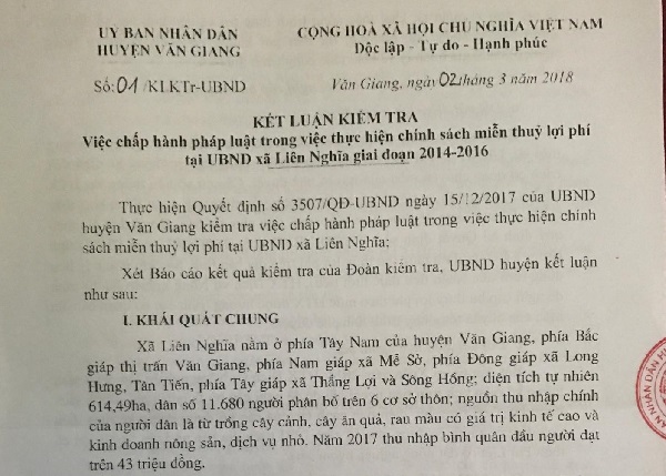 Vụ thủy lợi phí tại huyện Văn Giang (Hưng Yên): Thanh tra Huyện có thực sự công tâm và trách nhiệm?