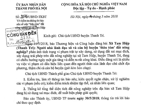 Chủ tịch TP. Hà Nội chỉ đạo làm rõ, xử lý nghiêm các sai phạm về đất nông nghiệp ở Thanh Trì