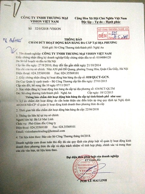 Nghệ An: Chấm dứt mọi hoạt động bán hàng đa cấp của Vision Việt Nam