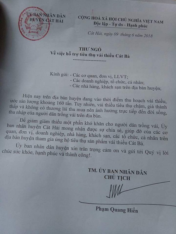 Huyện Cát Hải (TP. Hải Phòng): Chủ tịch huyện kêu gọi hỗ trợ tiêu thụ vải Cát Bà