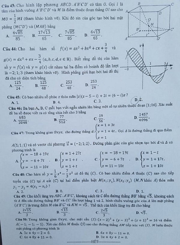 Đáp án đề thi môn Toán, kỳ thi THPT quốc gia 2018