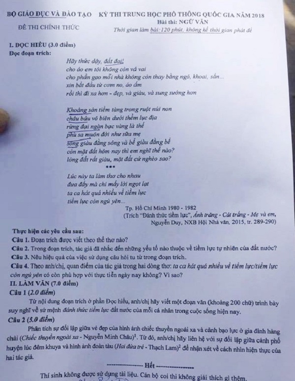 Gợi ý đáp án môn Ngữ văn kỳ thi THPT 2018