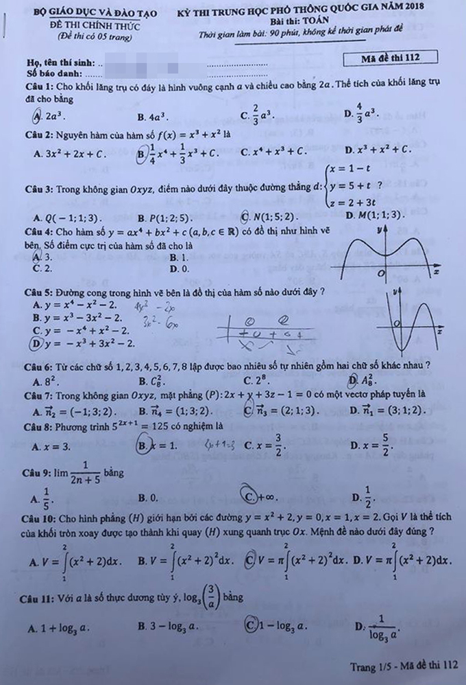 Đề Toán thi THPT quốc gia 2018