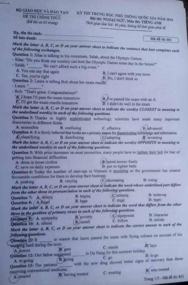 Thi THPT quốc gia 2018: Đề thi Tiếng Anh