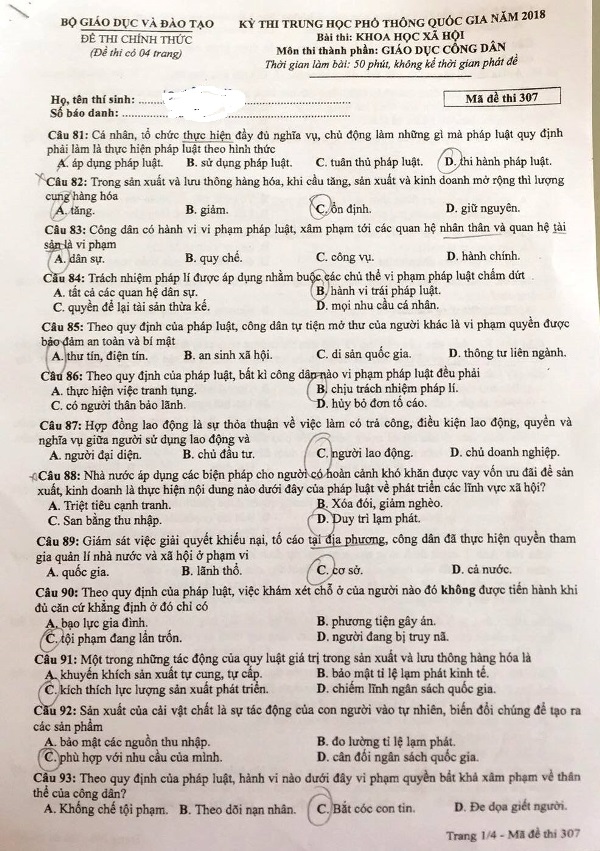Thi THPT quốc gia 2018: Đề thi Giáo dục Công dân