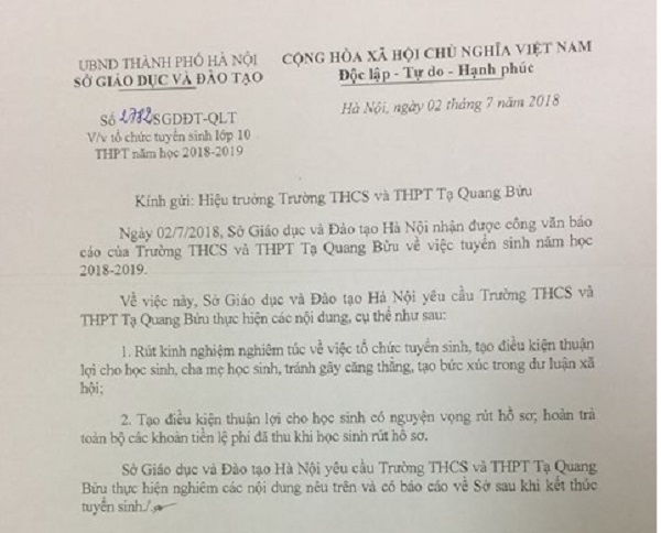Sở GD&ĐT Hà Nội yêu cầu Trường Tạ Quang Bửu rút kinh nghiệm trong tuyển sinh lớp 10 - Hình 1