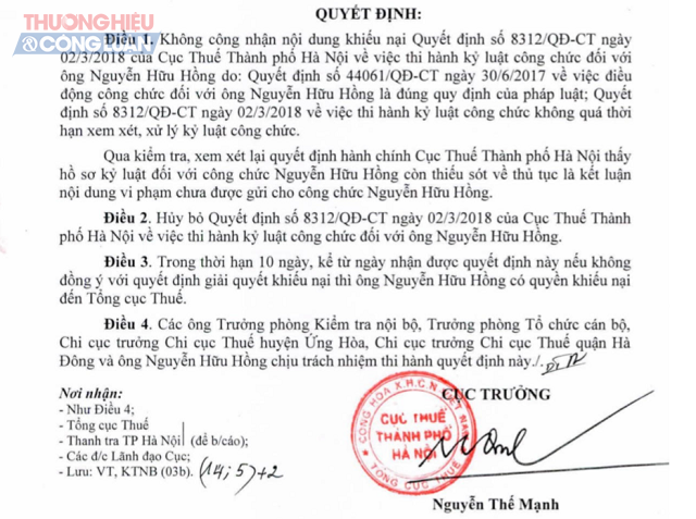 Cục thuế TP Hà Nội hủy quyết định kỷ luật công chức Nguyễn Hữu Hồng - Hình 1