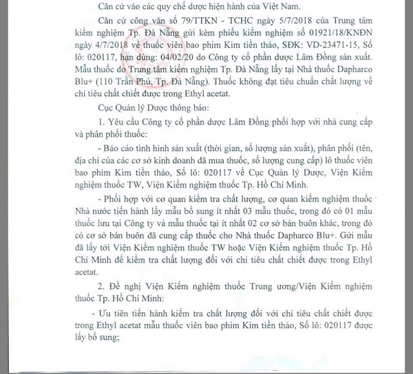 Cục Quản lý dược yêu cầu kiểm nghiệm chất lượng lô thuốc Kim Tiền Thảo