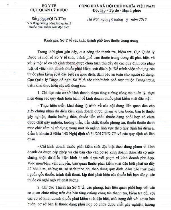 Bộ Y tế yêu cầu tăng cường công tác quản lý thuốc chứa dược chất gây nghiện