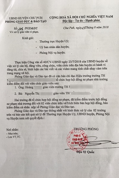 Chư Pưh (Gia Lai): Chia sẻ nội dung nhạy cảm lên Mạng xã hội, 2 giáo viên bị xử lý kỷ luật