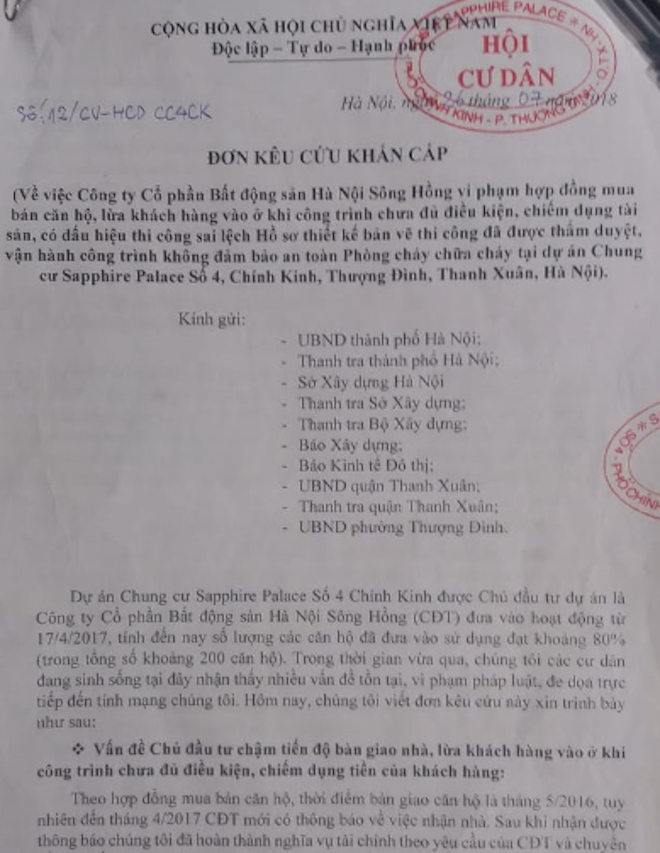Sapphire Palace: Cư dân gửi đơn “kêu cứu” trước hàng loạt sai phạm của chủ đầu tư