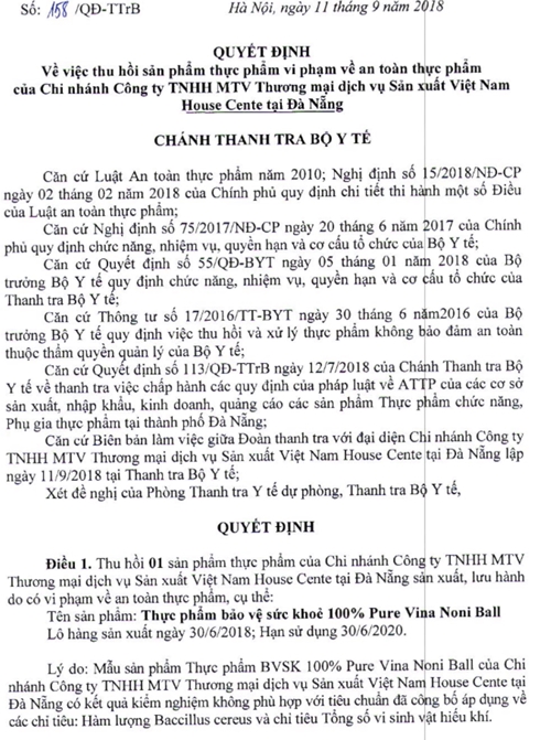 Bộ Y tế quyết định thu hồi sản phẩm thực phẩm bảo vệ sức khỏe 100% Pure Vina Noni Ball