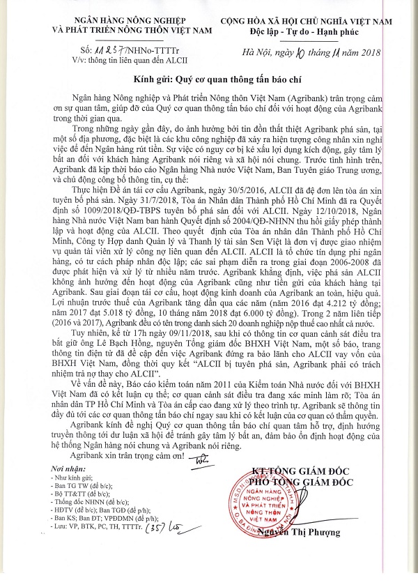 “Việc phá sản ALCII không ảnh hưởng đến hoạt động của Agribank”!