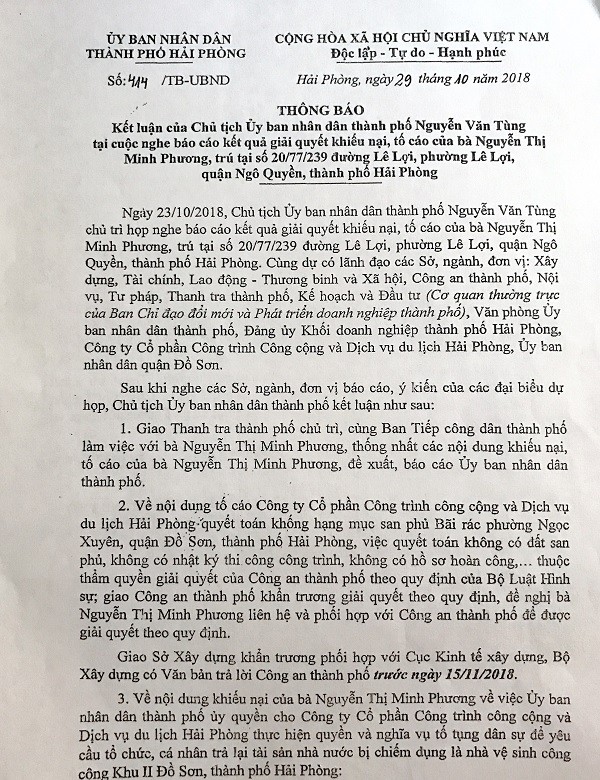 Hải Phòng: Thông báo kết luận kết quả giải quyết khiếu nại của bà Nguyễn Thị Minh Phương - Hình 1