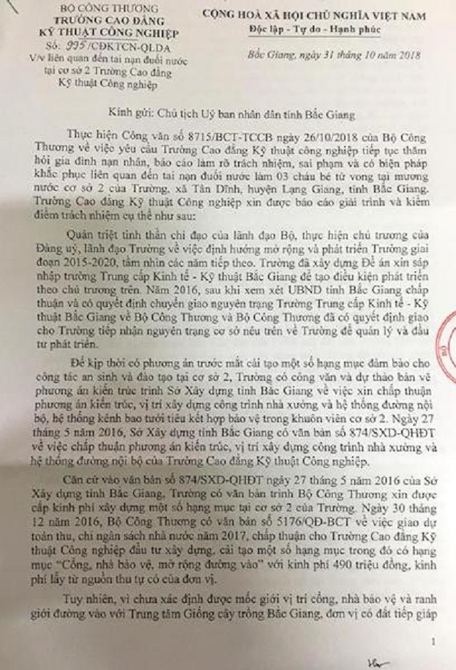 Vụ 3 em nhỏ tử vong: Hiệu trưởng Trường Cao đẳng KTCN Bắc Giang báo cáo gì? - Hình 3