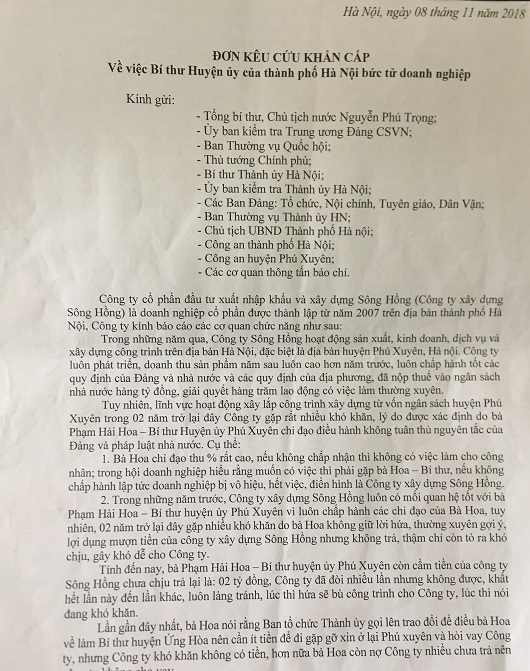 Chuyển đơn kêu cứu của công ty Cp Đầu tư xuất nhập khẩu và xây dựng Sông Hồng