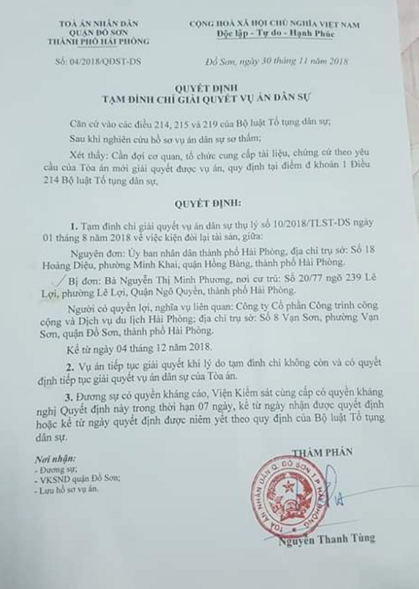 TAND quận Đồ Sơn (Hải Phòng): Tạm đình chỉ vụ án dân sự kiện đòi tài sản - Hình 1