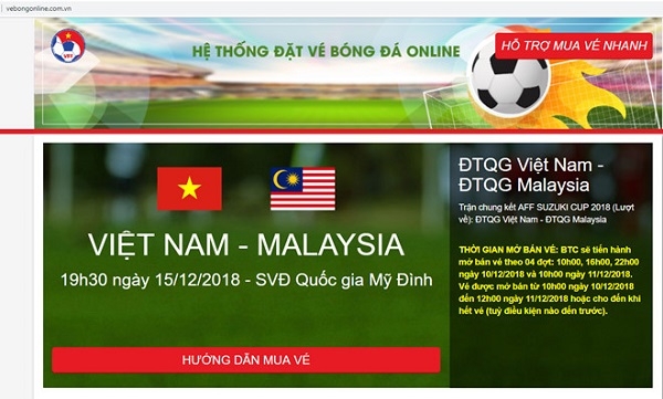 Xuất hiện website giả mạo bán vé chung kết lượt về AFF Cup 2018