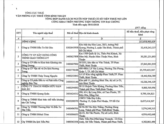 Bình Thuận: Cục thuế công khai danh sách 22 doanh nghiệp nợ trên 211 tỷ đồng tiền thuế - Hình 1