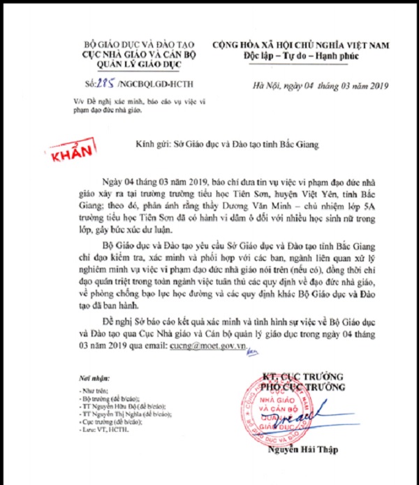 Bộ GD&ĐT yêu cầu làm rõ vụ việc thầy giáo dâm ô học sinh tại Bắc Giang - Hình 1