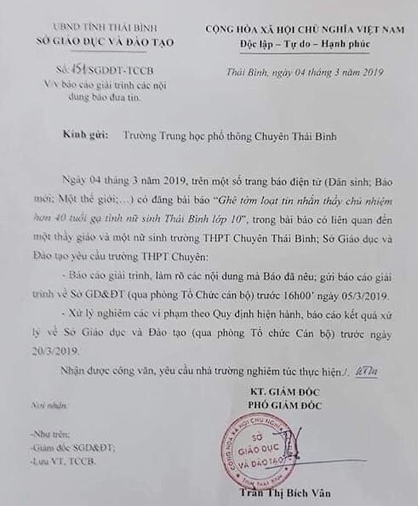 Vụ thầy giáo trường chuyên nhắn tin 'gạ tình' nữ sinh: Sở GD&ĐT Thái Bình nói gì?