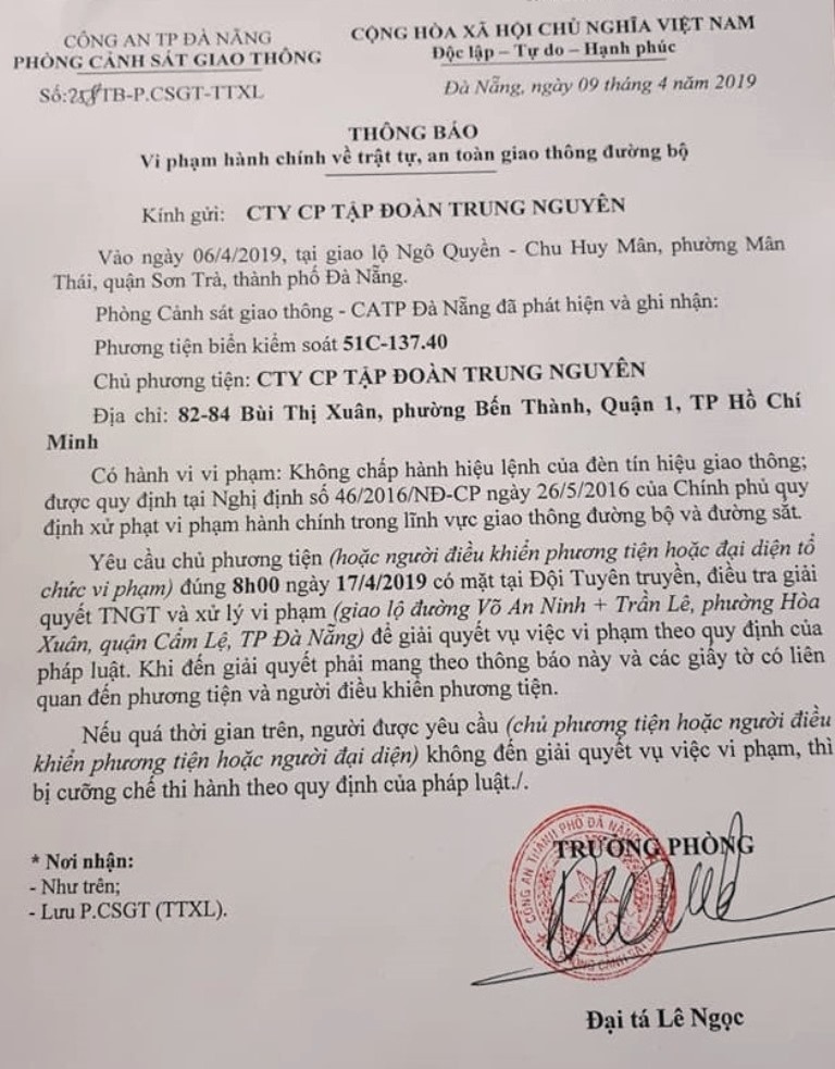 CA.TP Đà Nẵng ra Thông báo yêu cầu đại diện đoàn xe vượt đèn đỏ của Trung Nguyên đến làm việc - Hình 1