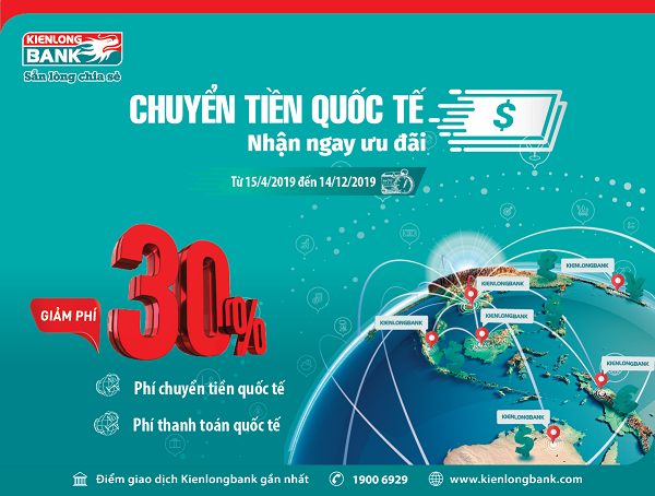 Kienlongbank giảm 30% phí thanh toán quốc tế đến cuối năm 2019