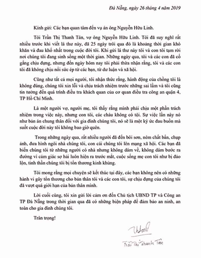Đà Nẵng: Vợ ông Nguyễn Hữu Linh gửi bức tâm thư tới cộng đồng mạng