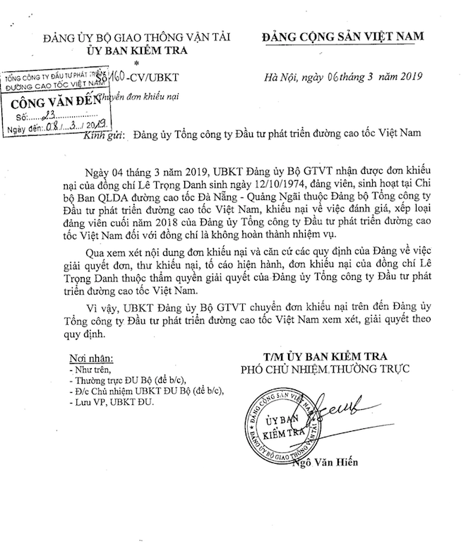 Đảng ủy Bộ GTVT chuyển đơn thư khiếu nại của kỹ sư Lê Trọng Danh về VEC