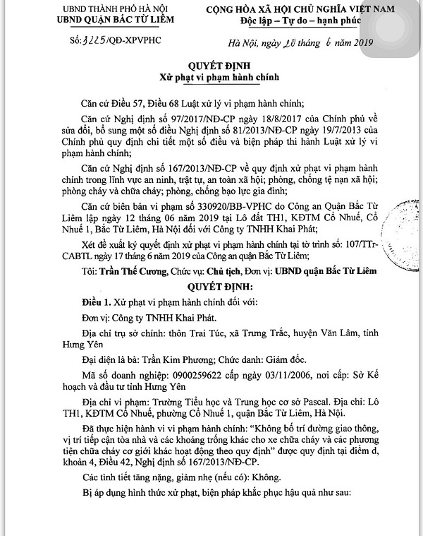 UBND quận Bắc Từ Liêm: Xử phạt Công ty TNHH Khai Phát 15 triệu đồng