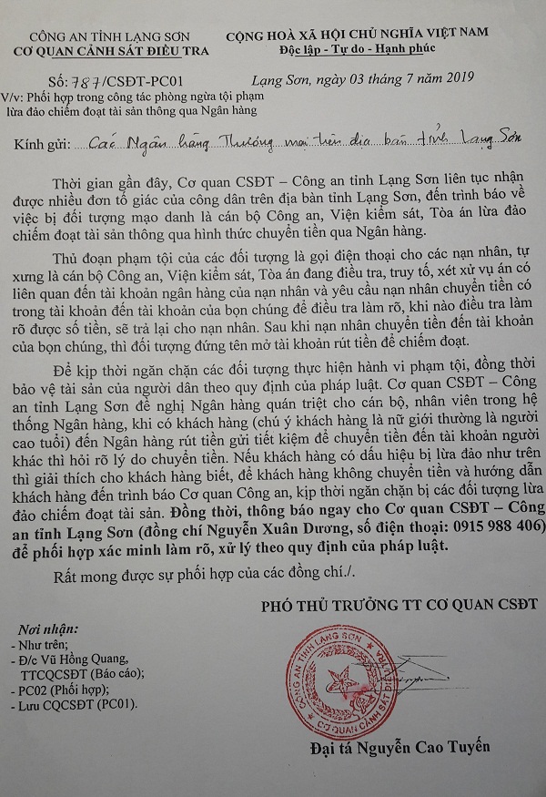 Công an tỉnh Lạng Sơn: Đề nghị phối hợp với ngân hàng ngăn chặn tội phạm - Hình 1