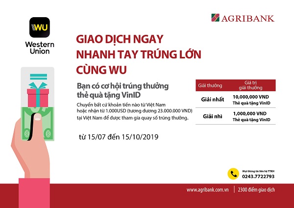 Cùng Agribank “Giao dịch ngay - Nhanh tay trúng lớn cùng WU”