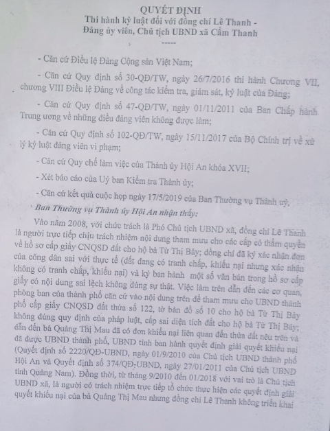 TP. Hội An-Quảng Nam: Cách toàn bộ chức vụ Chủ tịch UBND xã Cẩm Thanh