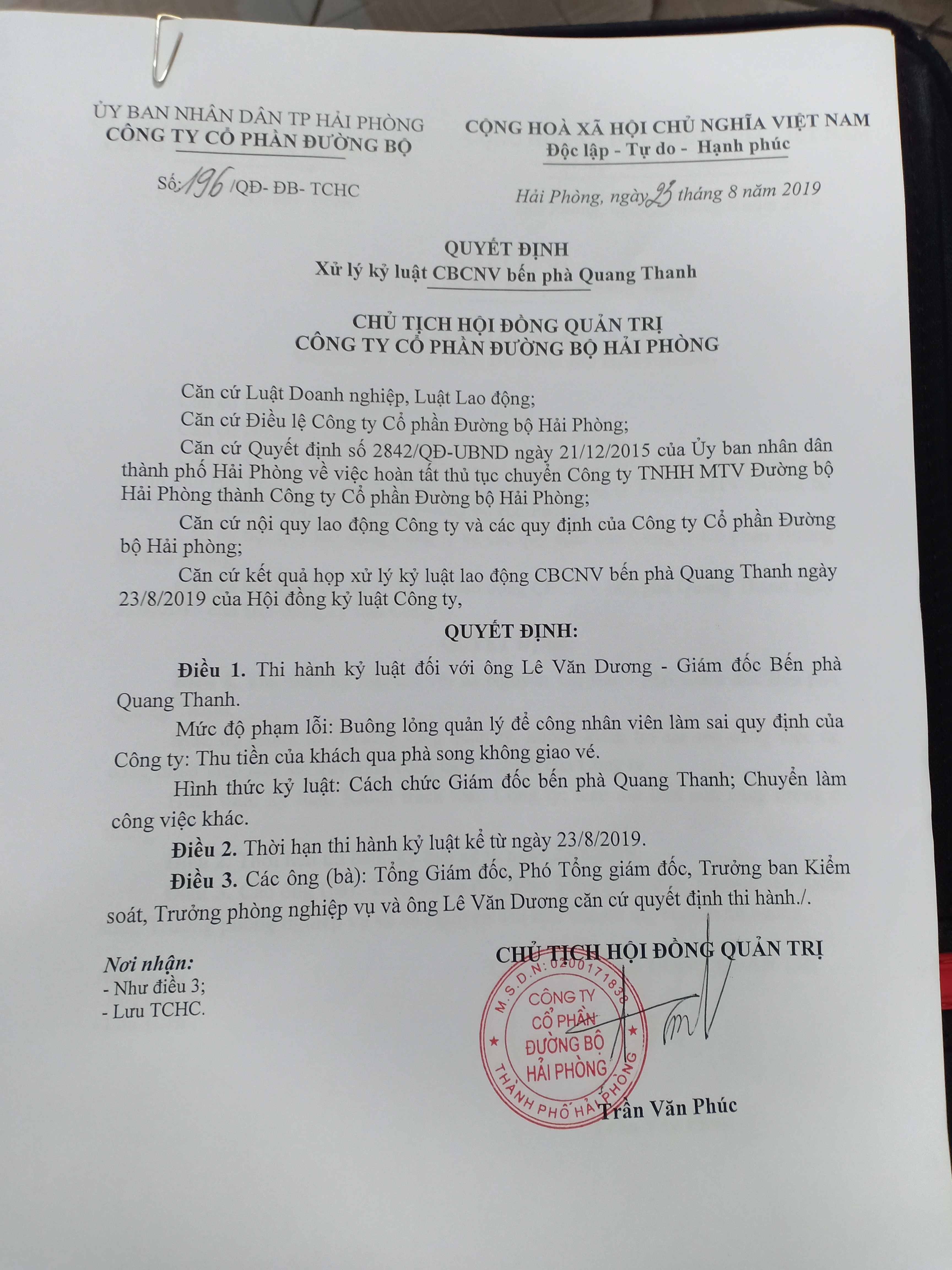 Chủ tịch HĐQT Công ty CP Đường bộ Hải Phòng: Việc thất thoát tiền vé ở phà Quang Thanh là không lớn