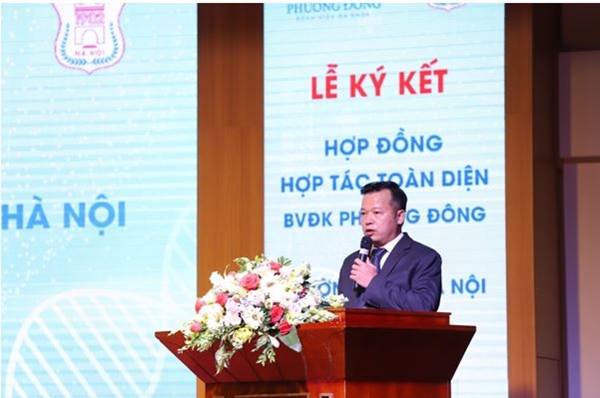 Ông Nguyễn Thanh Việt - Chủ tịch HĐQT Công ty Intracom kiêm Chủ tịch HĐTV Công ty TNHH Tổ hợp Y tế Phương Đông phát biểu tại lễ ký kết