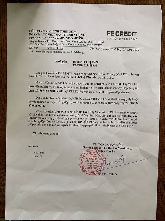 Công ty tài chính Fecredit xin lỗi khách hàng!