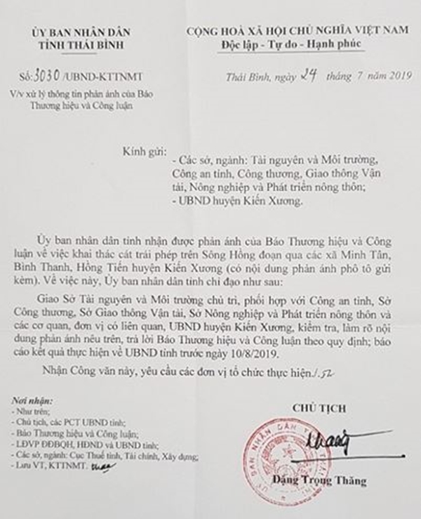 C&ocirc;ng văn chỉ đạo của Chủ tịch UBND tỉnh Th&aacute;i B&igrave;nh