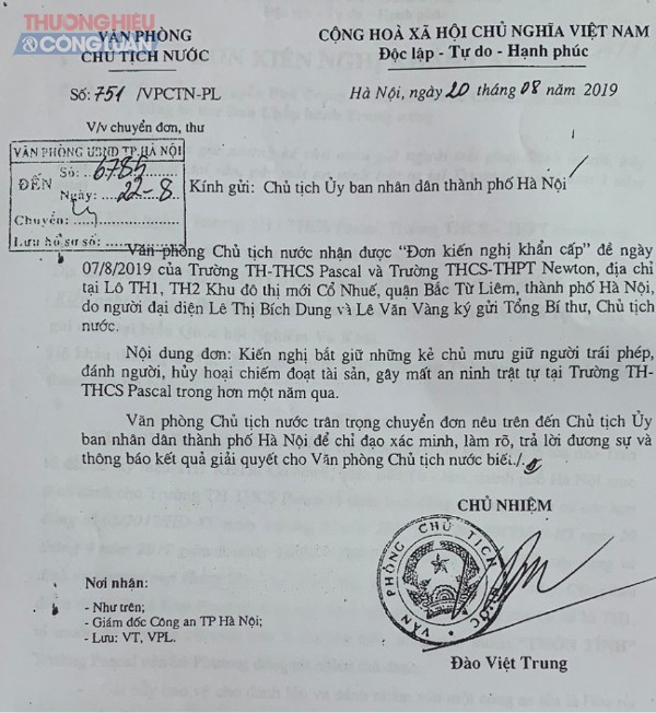 Văn phòng Chủ tịch nước có văn bản chuyển đơn tới Chủ tịch UBND thành phố Hà Nội