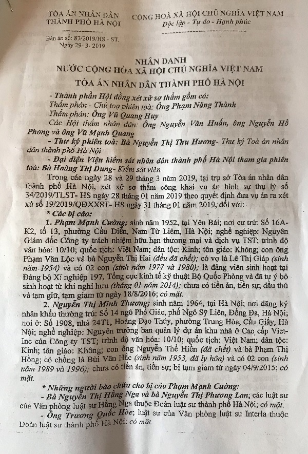 Bản án số 87/2019/HS – ST ngày 29/3/2019 của Tòa án nhân dân TP. Hà Nội