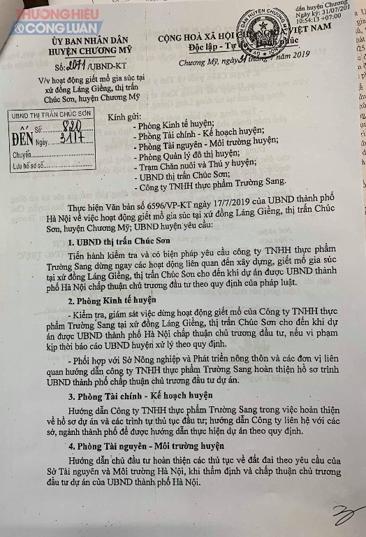 CV số 2071/UBND-KT của huyện Chương Mỹ yêu cầu công ty TNHH thực phẩm Trường Sang dùng mọi hoạt động liên quan đến xây dựng và giết mổ gia súc CV số 2071/UBND-KT của huyện Chương Mỹ yêu cầu công ty TNHH thực phẩm Trường Sang dùng mọi hoạt động liên quan đến xây dựng và giết mổ gia súc