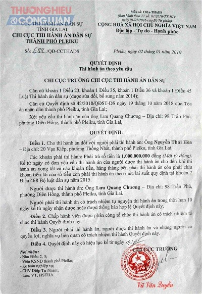 Quyết định số 688/QĐ-CCTHADS do ông Vũ Văn Quyền ký ngay trong ngày ông Nguyễn Thái Hòa mang tiền đến cơ quan THADS Tp. Pleiku nộp vào ngày 02/01/2019 ngay sau nghỉ Tết Dương lịch.