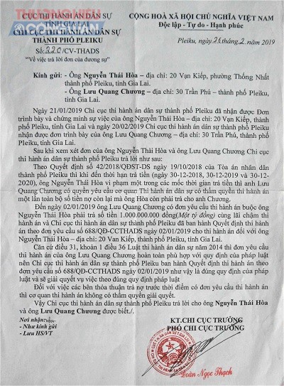 Lý giải qua công văn trả lời của ông ĐOàn Ngọc Thạch-Phó Chi cục trưởng Chi cục THADS TP.Pleiku không đúng với thực tế