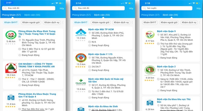 Danh s&aacute;ch c&aacute;c ph&ograve;ng kh&aacute;m, c&aacute;c bệnh viện xuất hiện sau khi gỏ tra cứu theo triệu chứng, bệnh l&yacute;,&hellip;