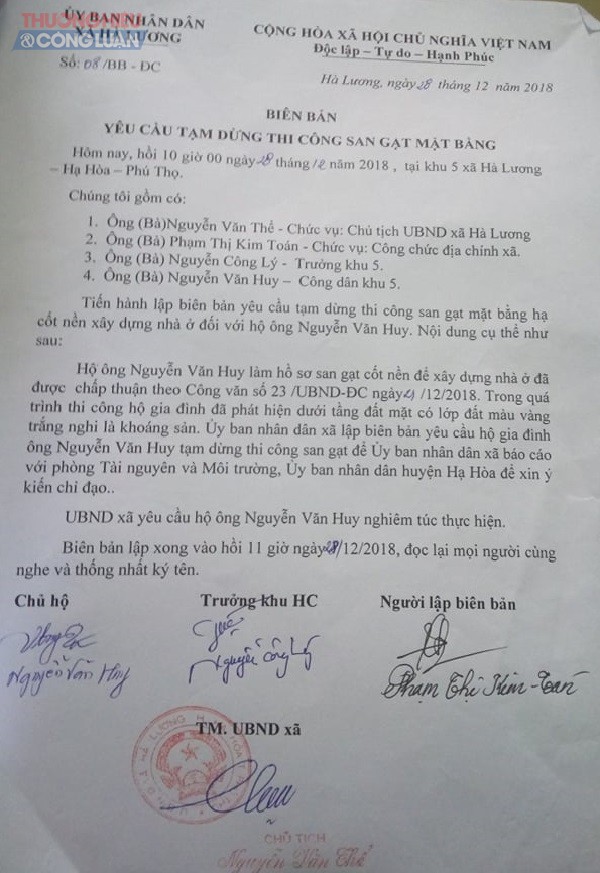 Biên bản số 08/BB-ĐC ngày 28/12/2019 của UBND xã Hà Lương về việc yêu cầu gia đình ông Nguyễn Văn Huy tạm dừng thi công san gặt mặt bằng sau khi phát hiện dưới tầng đất mặt có lớp đất màu vàng trắng nghi là khoáng sản.